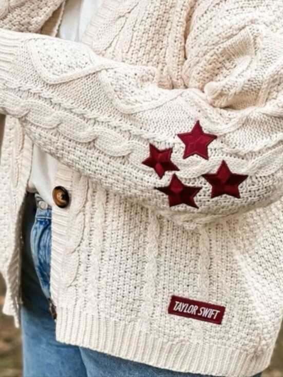 Taylor Swift Sweaters - Taylor Swift Red Official Cardigan, Cream Color with Maroon Stars, Size M/L